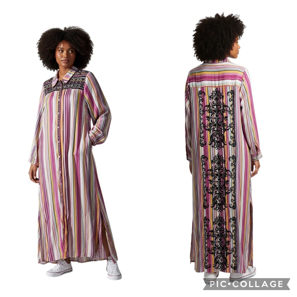 Savanna Jane XL Striped Embroidered Maxi Shirt Dress Pink Yellow Boho‎ M93084